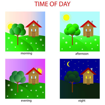 of the time of day. Morning, afternoon, evening, night. With signatures. Stock Vector | Adobe