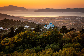 Old church on the mountain of Kos Greece during sunset