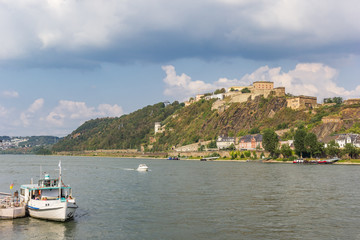 Little tourist boat at the river Rhine in Koblenz, Germany