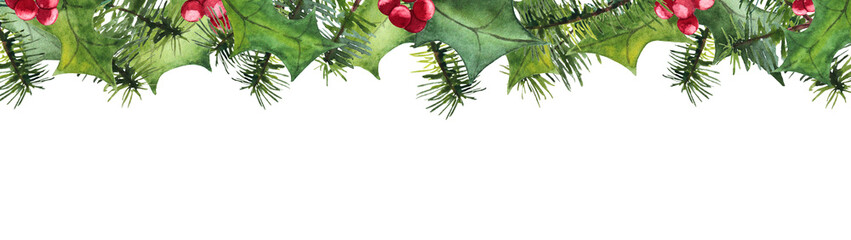 Christmas long banner with fir pine and mistletoe and holly