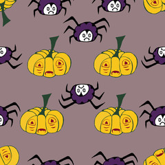 Funny halloween seamless pattern with pumpkins and spiders.
