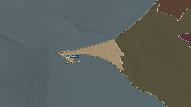 Dakar - region of Senegal with its capital zoomed on the administrative map of the globe. Animation 3D