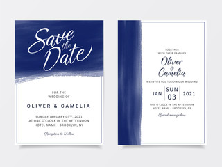 Elegant indigo brush stroke wedding invitation cards template. Artistic blue abstract background save the date, invitation, greeting card, multi-purpose vector