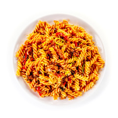 Fusilli with meat, tomato sauce and vegetables