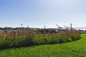 Fototapeta premium April 25 bridge view from a rooftop in Lisbon, Portugal
