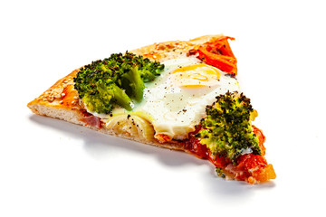 Vegetarian pizza with eggs, broccoli and onion