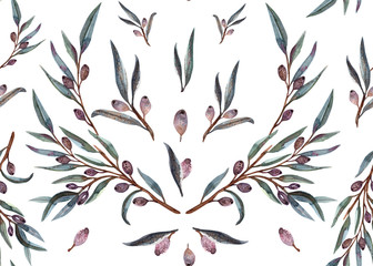 Elaeagnus commutata - silverberry or wolf-willow, seamless pattern watercolor. Twig ,leaves , berries and drupes. Perfect for textile, print, fashion, dress, silk, certification