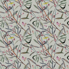 Elaeagnus commutata - silverberry or wolf-willow, seamless pattern watercolor. Twig ,leaves , berries and drupes. Perfect for textile, print, fashion, dress, silk, certification - 295452033