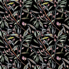 Elaeagnus commutata - silverberry or wolf-willow, seamless pattern watercolor. Twig ,leaves , berries and drupes. Perfect for textile, print, fashion, dress, silk, certification