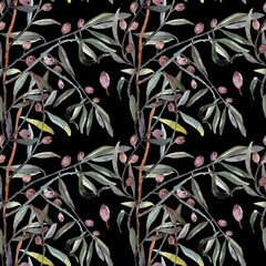 Elaeagnus commutata - silverberry or wolf-willow, seamless pattern watercolor. Twig ,leaves , berries and drupes. Perfect for textile, print, fashion, dress, silk, certification
