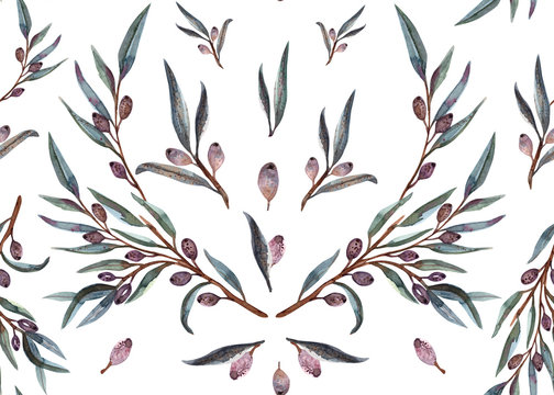 Elaeagnus commutata - silverberry or wolf-willow, seamless pattern watercolor. Twig ,leaves , berries and drupes. Perfect for textile, print, fashion, dress, silk, certification