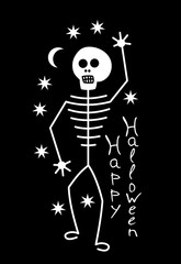 White human skeleton on the background of stars and the moon with the inscription Happy Halloween. Horror for Halloween. Vector art graphic.