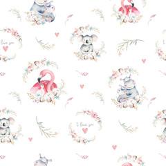 Watercolor cute cartoon little baby and mom koala, hippo, flamingo with floral wreath seamless pattern. tropical fabric background. Mother and baby design. Animal drawing