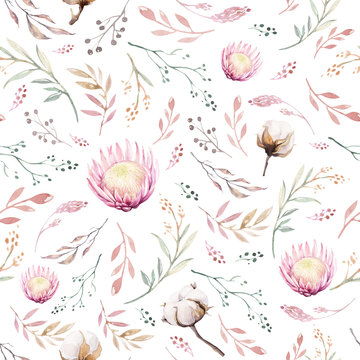 Hand drawing seamless watercolor floral patterns with protea rose, leaves, branches and flowers. Bohemian gold pink pattern prorea. Background for greeting wedding invitation
