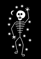 White human skeleton on the background of stars and the moon. Horror for Halloween. Vector art graphic.