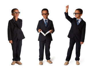 childhood and people concept- set of elegant little boy with glasses in business suit. Isolated