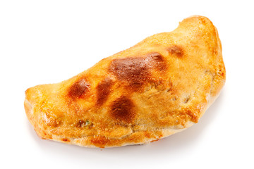 Pizza calzone on cutting board on white background