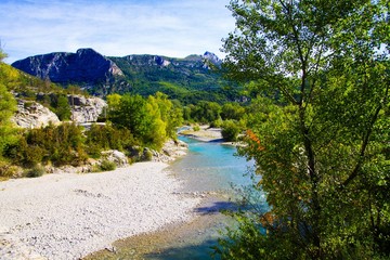 View beyond birch trees on valley with green river and mountains background - Gorges du Verdon, Provence, France
