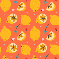 Hand drawn seamless vector pattern with cute colorful lemons, whole and slices. Endless background with citrus for graphic print, textile fabric or wrapping paper. Decorative doodle wallpaper.