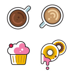 collection of simple flat linear icons for cafe, vector illustrations of coffee donuts and cupcake, good as menu icon or logotype.