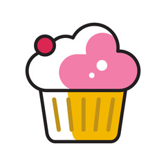 simple flat linear icon, vector illustration of cupcake with cream topping and red berry on top, good as menu icon or cafe logotype.