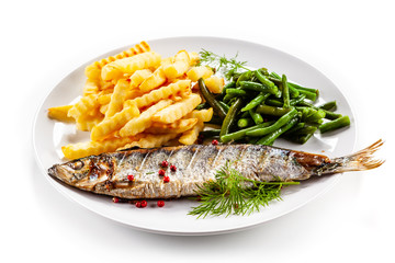 Fish dish - roasted trout with french fries and green bean
