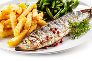 Fish dish - roasted trout with french fries and green bean