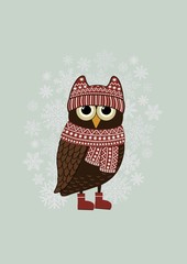 Christmas cartoon owl and snowflake