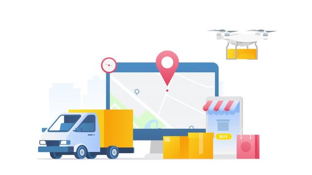 Global Delivery Tracking video concept with alpha. Truck, Drone with Package, boxes, monotor with world map, smartphone with e-Shop reveal - flat design animation.