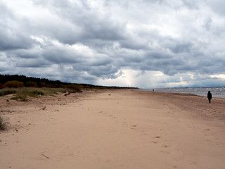 A cool, windy beach in the fall. Cloudy sky. Without people.