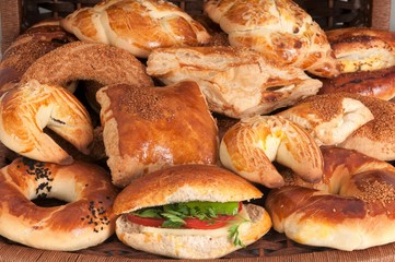 Bagels, sandwich and donuts for breakfast
