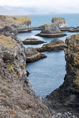 The Cliffs of Arnastapi, Island, eine auffallend erodierte schwarze Steilküste mit Höhlen, Felsentoren und Resten von Kratern