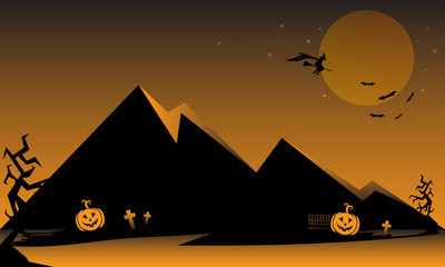 Fototapeta na wymiar Happy Halloween background, Halloween banner, Black dead tree pumpkins with bats, Night Halloween