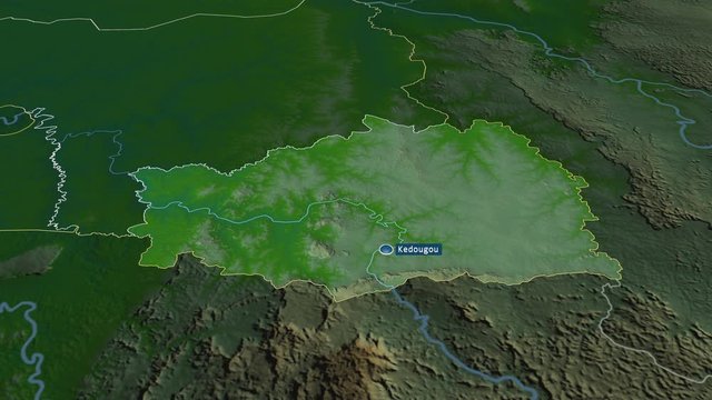 K&eacute;dougou - region of Senegal with its capital zoomed on the physical map of the globe. Animation 3D