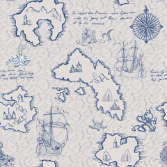 Old caravel, vintage sailboat, sea monster. Seamless pattern