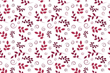 Seamless pattern with branches, leaves and curls on a white background. For design and decoration of packaging, covers, cards. Template for printing on fabric.