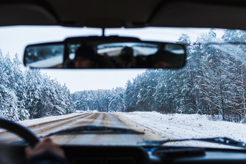 view from the car window on the snow-covered track