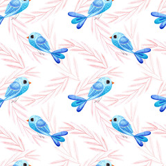 Seamless pattern with watercolor blue birds, colorful autumn design. Watercolor illustration in Scandinavian style for t-shirts, fabrics, stickers, packaging paper, clothing design