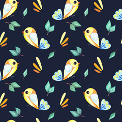Obraz premium Seamless pattern with watercolor yellow birds, colorful autumn design. Watercolor illustration in Scandinavian style for t-shirts, fabrics, stickers, packaging paper
