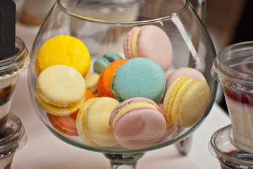 Sweets on the table. Colorful cookies and pastries at the fair. Demonstration of local confectionery.
