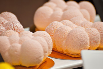 Sweets on the table. Colorful cookies and pastries at the fair. Demonstration of local confectionery.