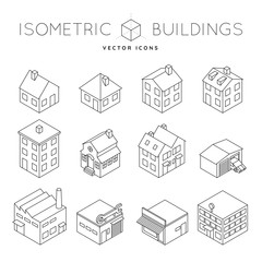 Collection of isometric outline icons of a variety of private and commercial buildings like detached house, office buiding, factory, tenement. Architecture and real estate concept vector illustration - obrazy, fototapety, plakaty