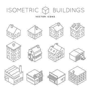 Collection of isometric outline icons of a variety of private and commercial buildings like detached house, office buiding, factory, tenement. Architecture and real estate concept vector illustration