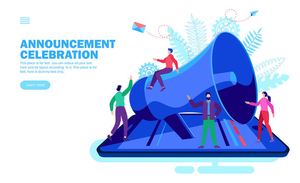 announcement with loudspeaker and happy team on smartphone