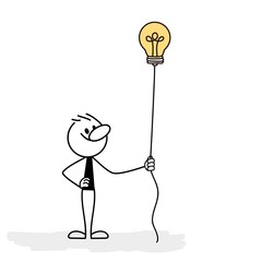 Doodle stick figure: Man with bulb. Idea concept. Hand drawn cartoon vector illustration for business design.