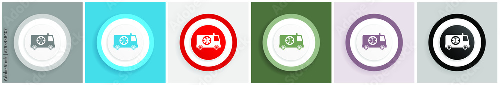 Aufkleber Ambulance icon set, colorful flat design vector illustrations in 6 options for web design and mobile applications