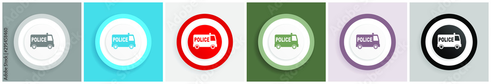 Poster police icon set, colorful flat design vector illustrations in 6 options for web design and mobile ap