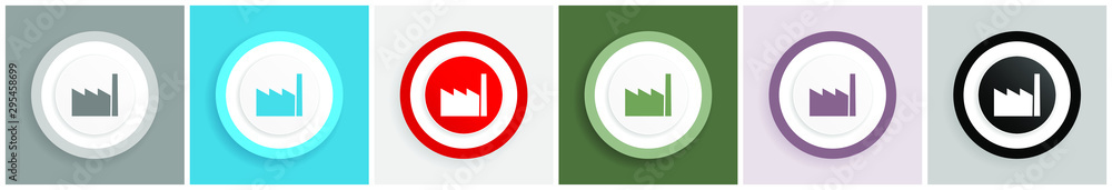 Poster factory icon set, colorful flat design vector illustrations in 6 options for web design and mobile a