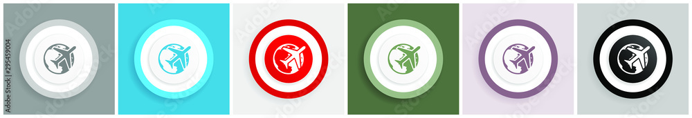 Aufkleber travel icon set, colorful flat design vector illustrations in 6 options for web design and mobile ap
