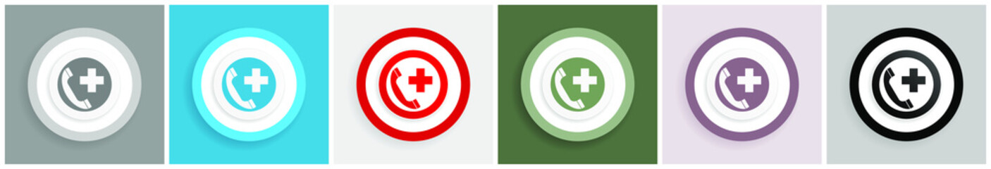Emergency call icon set, colorful flat design vector illustrations in 6 options for web design and mobile applications